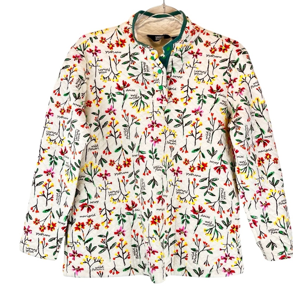 Lands End Quilted Cotton Sweatshirt Wild Flowers Pullover Pockets Garden XS / S